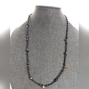 Vintage Hematite Tigers Eye Gemstone Beaded Layering Boho Necklace